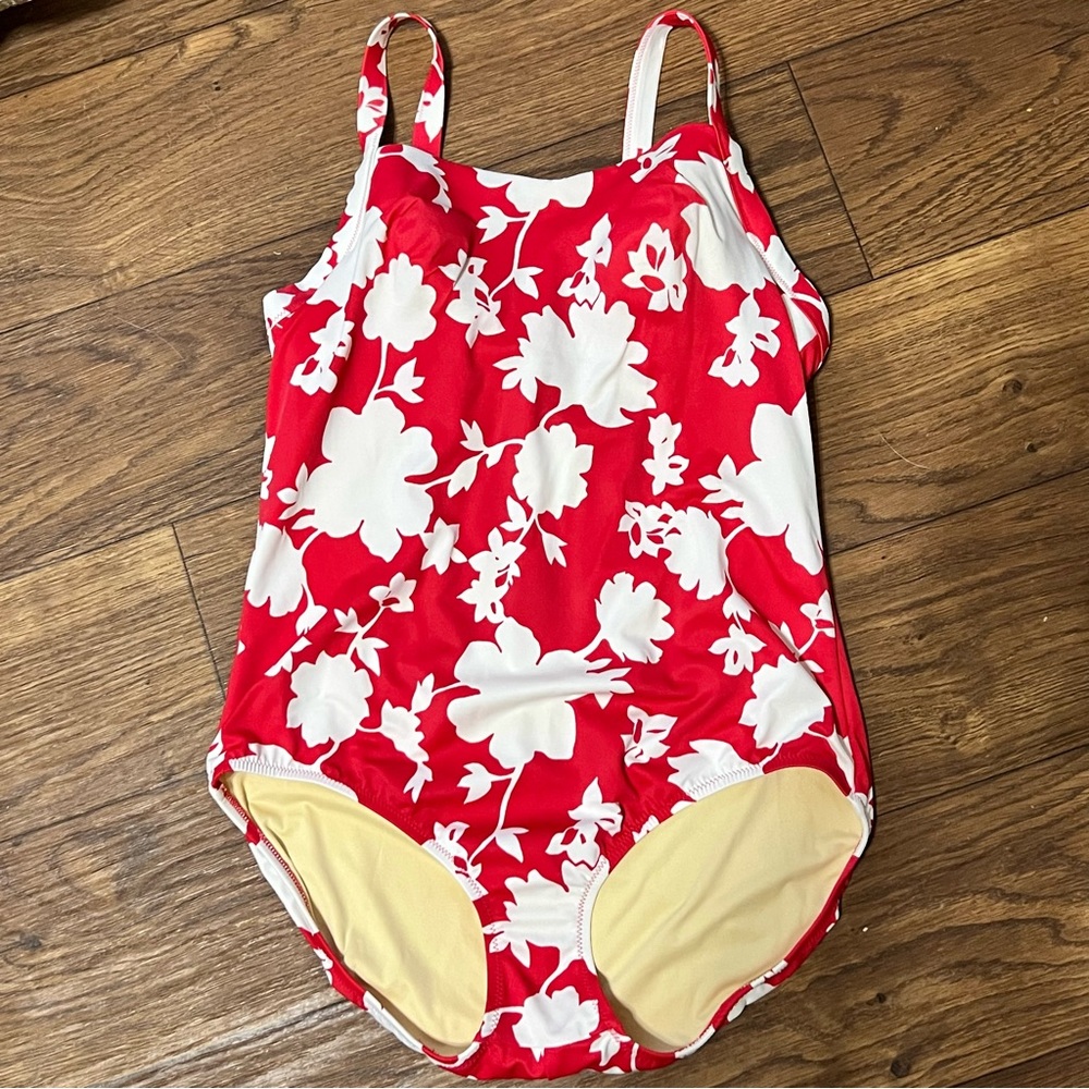 Lands' End Women’s Red and White Floral Swimsuit Size 14
